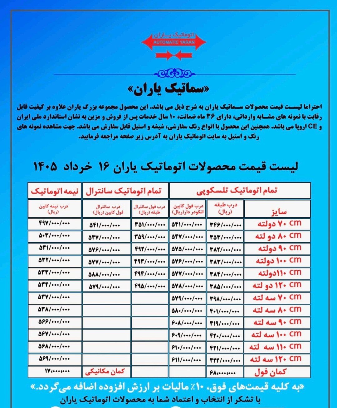 لیست قیمت درب آسانسور یاران